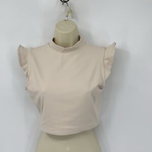 Susana Monaco Mockneck ruffle crop top tan cream shirt jersey knit blouse new XL